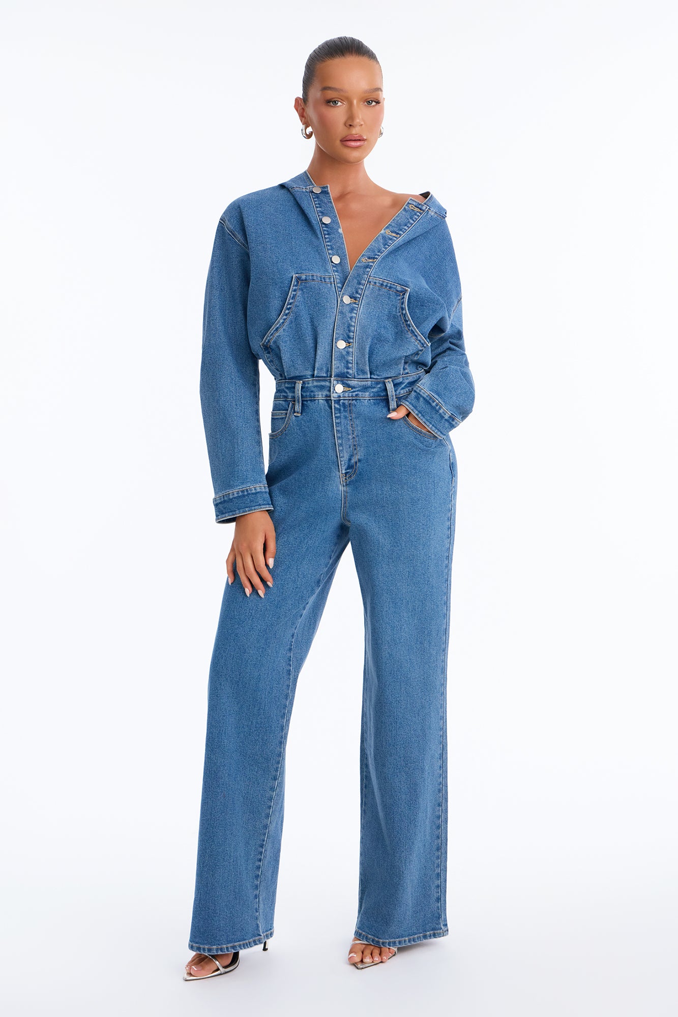 Weekend In Soho Denim Hooded Jumpsuit - Medium Wash