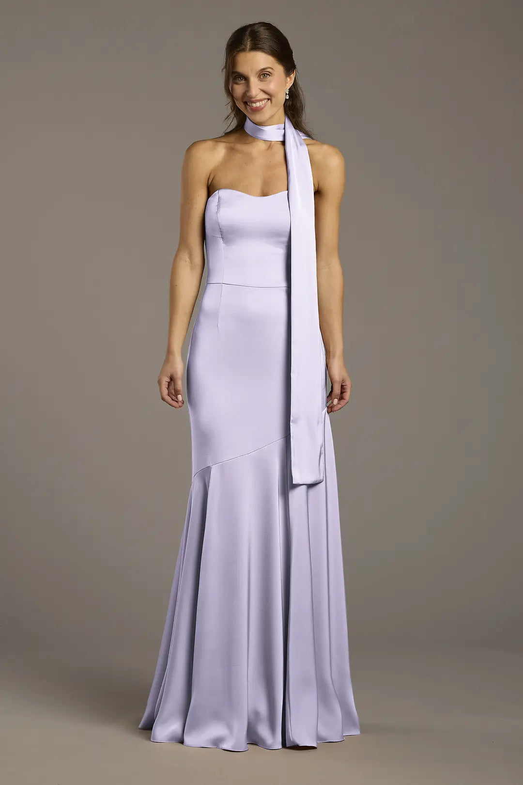 Matte Satin Strapless Sweetheart Dress with Scarf
