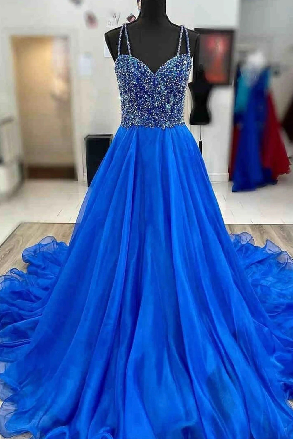 Royal Blue Long A-Line Prom Dress with Spaghetti Straps and Beading