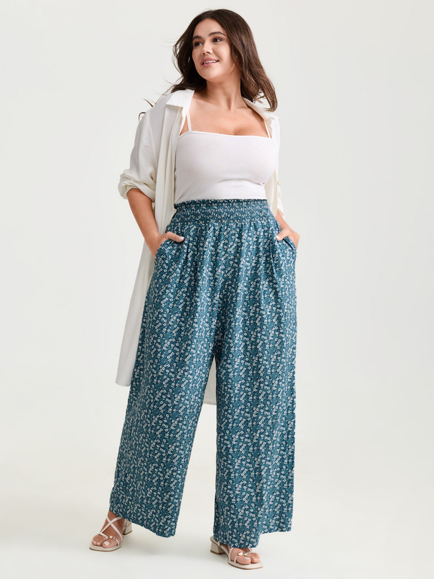 Micro Floral Print Wide Shirred Waistband Pants