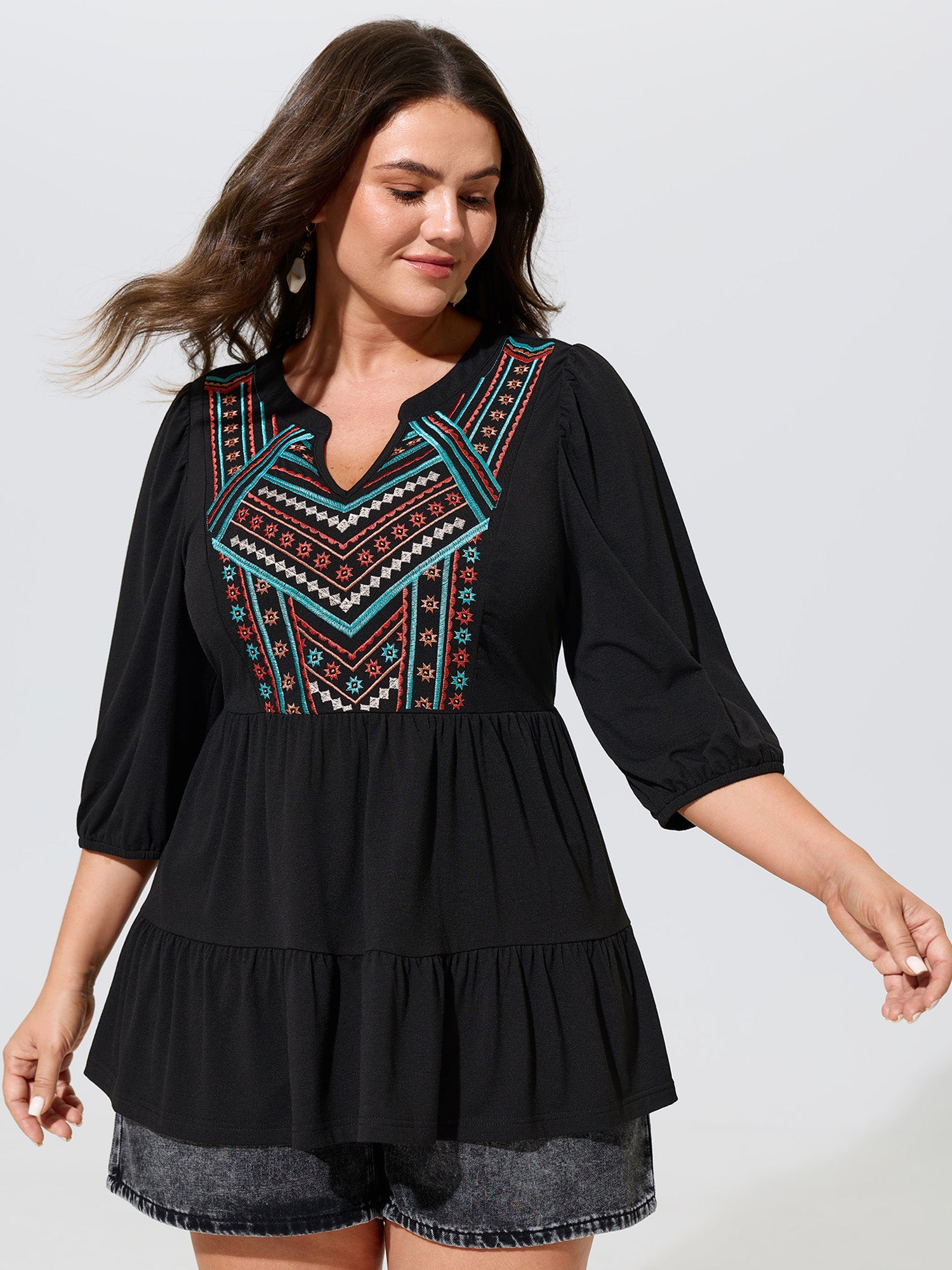 Supersoft Boho Embroidered Notch Neck Tiered Top