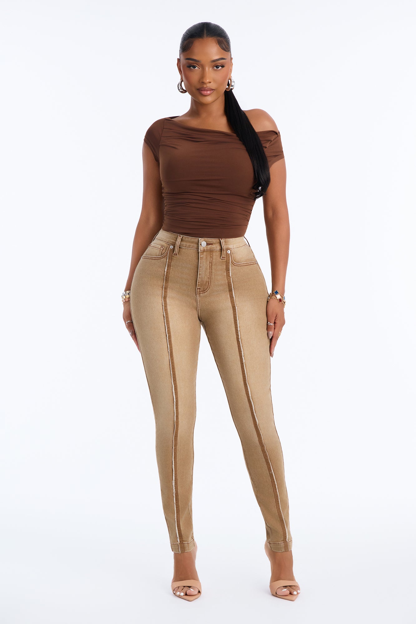 No Disruption High Rise Seamed Stretch Skinny Jeans - Tan