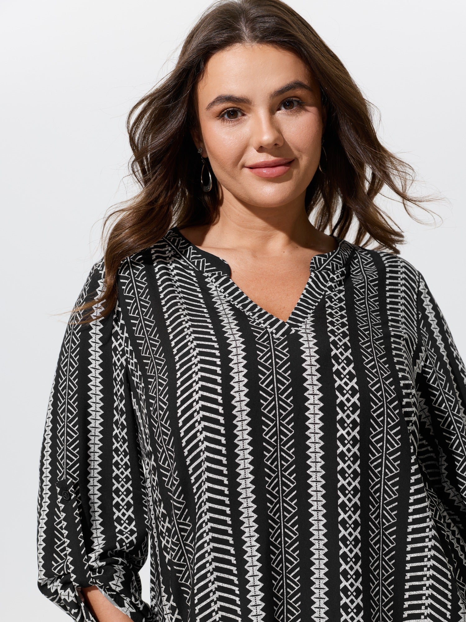 Boho Geometric Print Roll‑Tab Sleeve Blouse