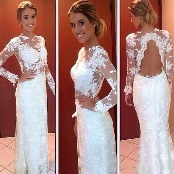 Elegant Sheath Long Sleeves Backless Wedding Dresses with Appliques