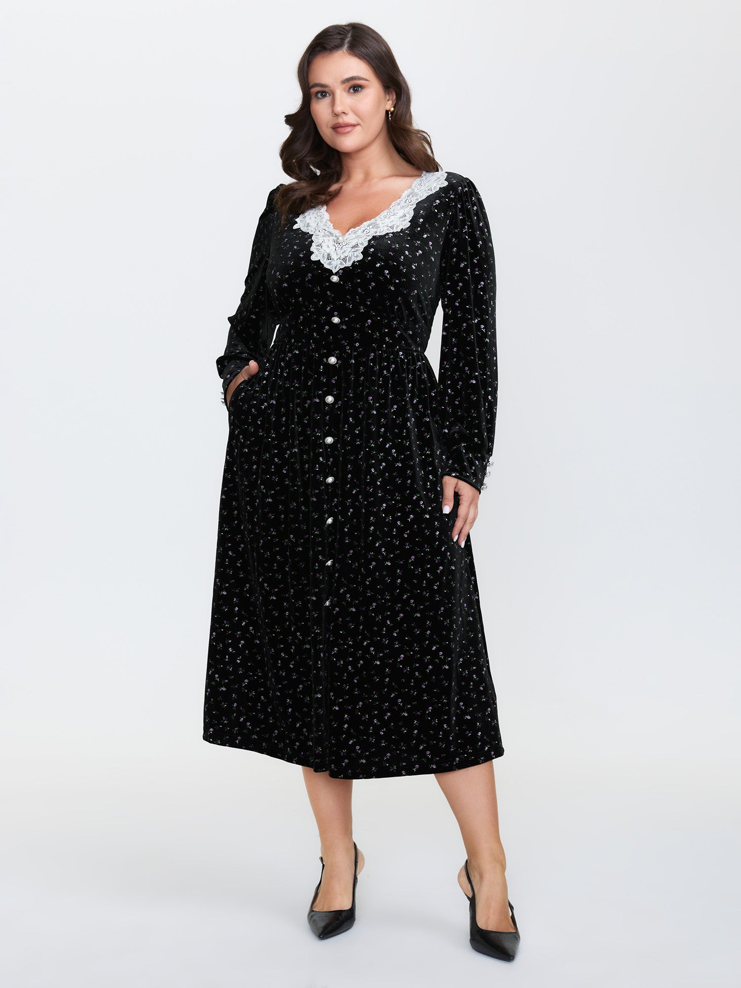 Velvet Print Lace Neckline Midi Dress