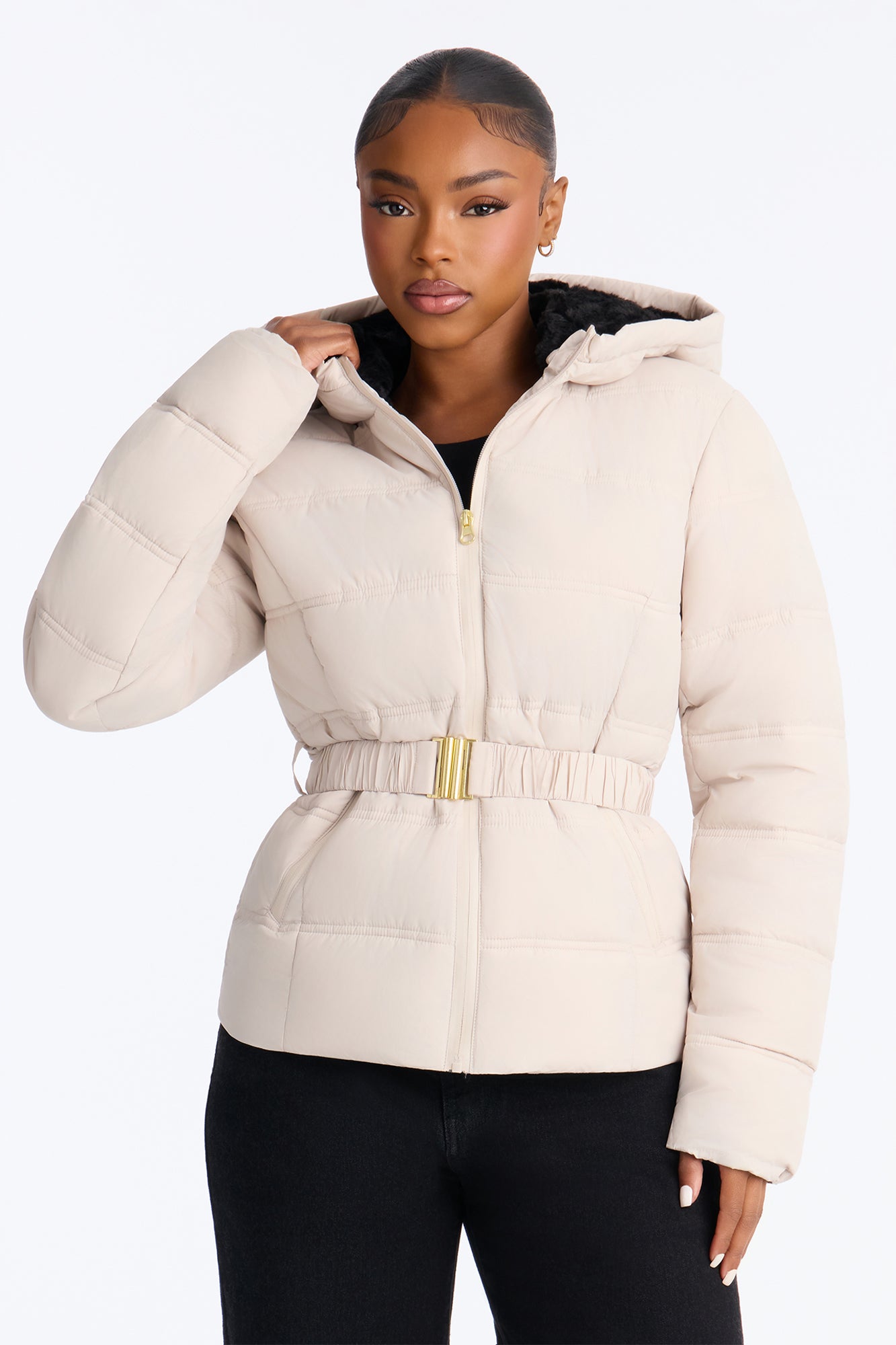 Bundled Up Belted Puffer Coat - Stone