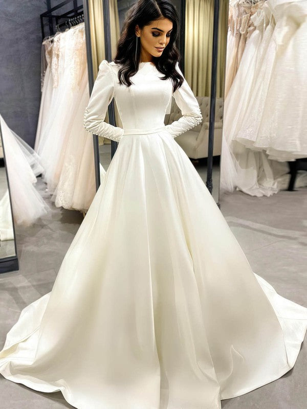Glamorous A-Line Long Sleeves Satin Court Train Wedding Dresses with Buttons