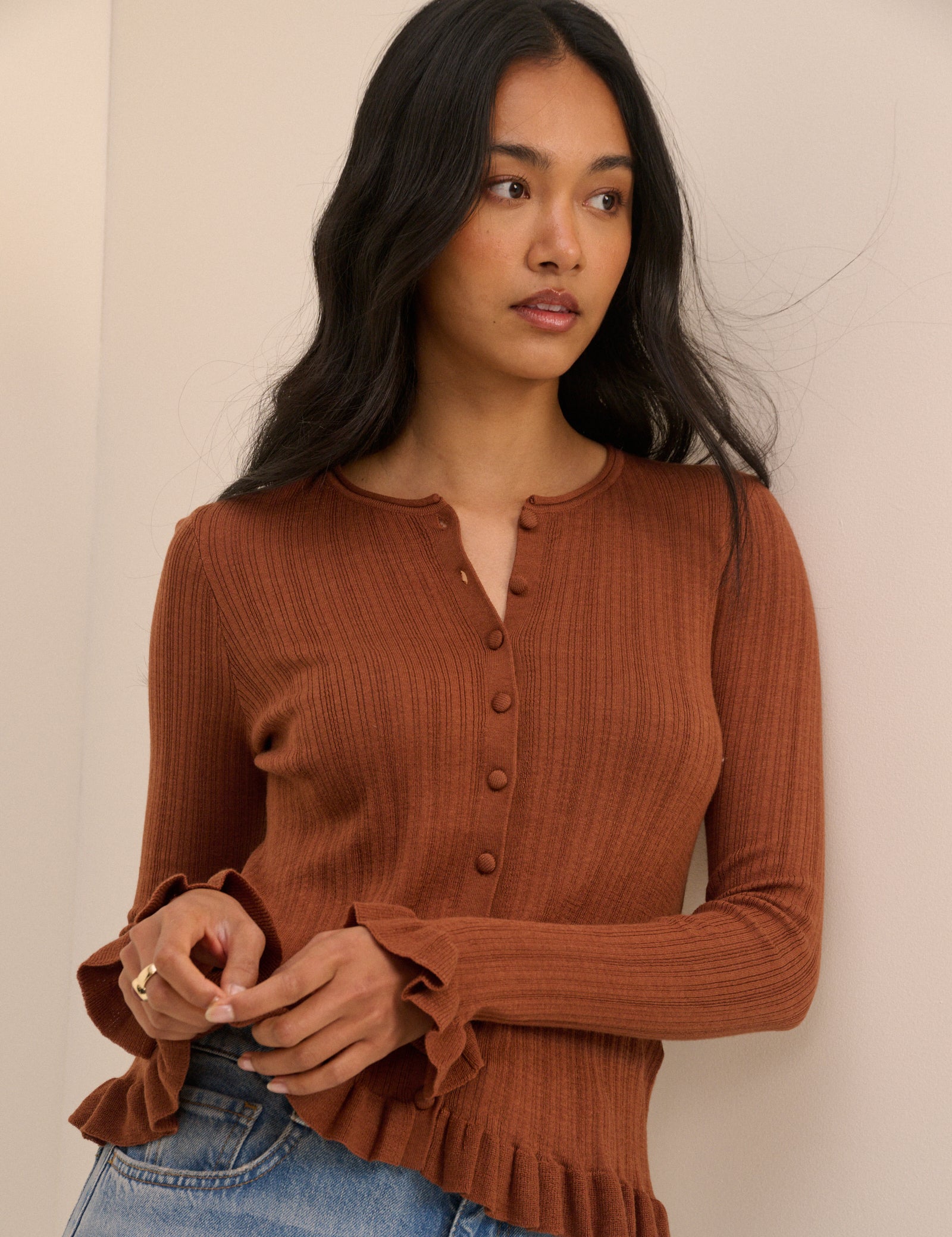 Brown Rib and Ruffle Sheer Knit Cardigan