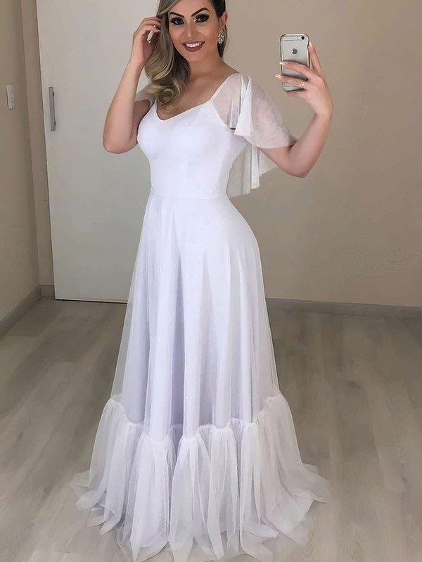 Stylish A-Line V-Neck Tulle Sweep Train Wedding Dresses