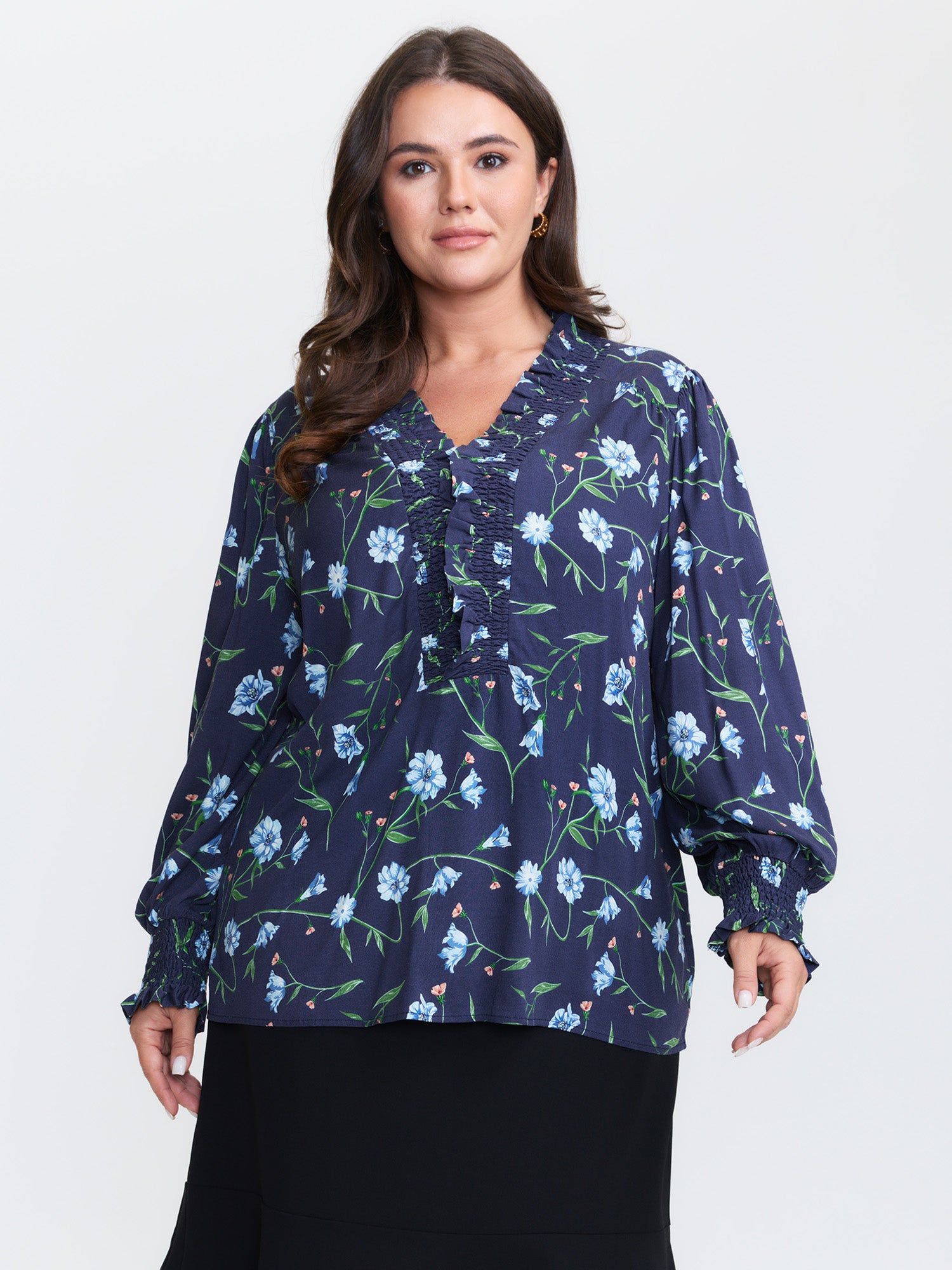 Rayon Floral Print Shirred Collar Blouse