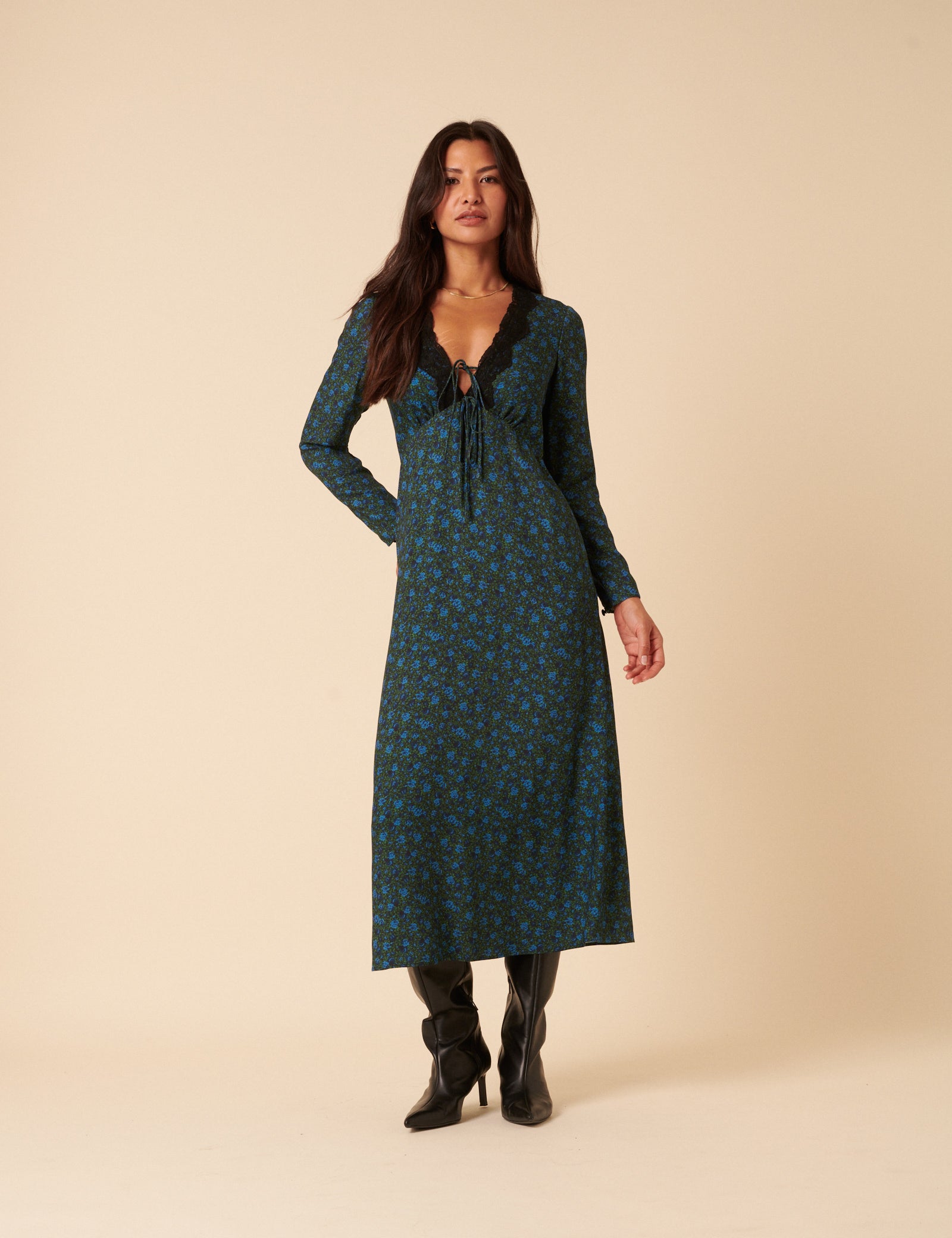 Blue & Green Floral Lace Aida Midi Dress