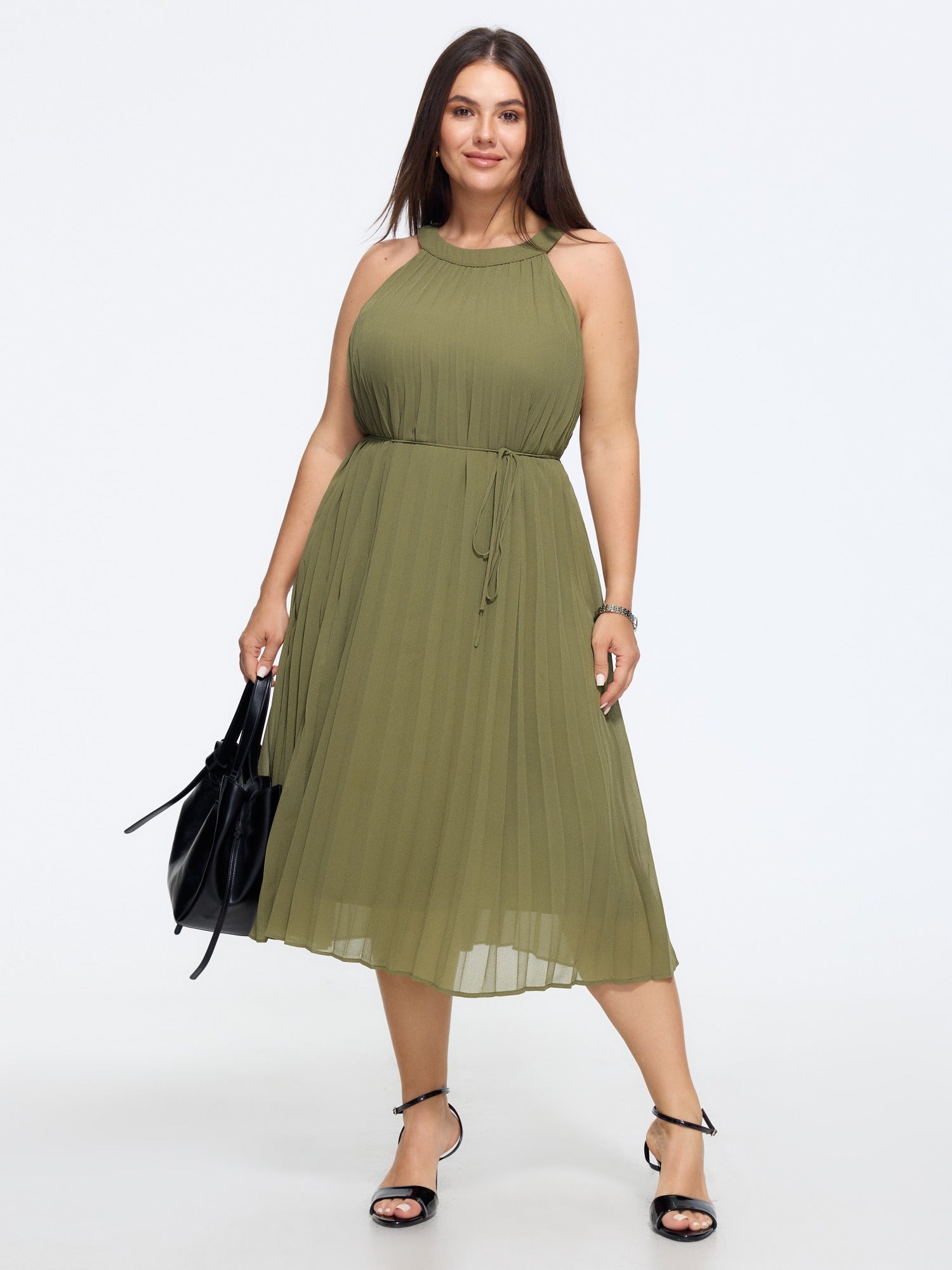 Halter Neck Pleated Flowy Midi Dress