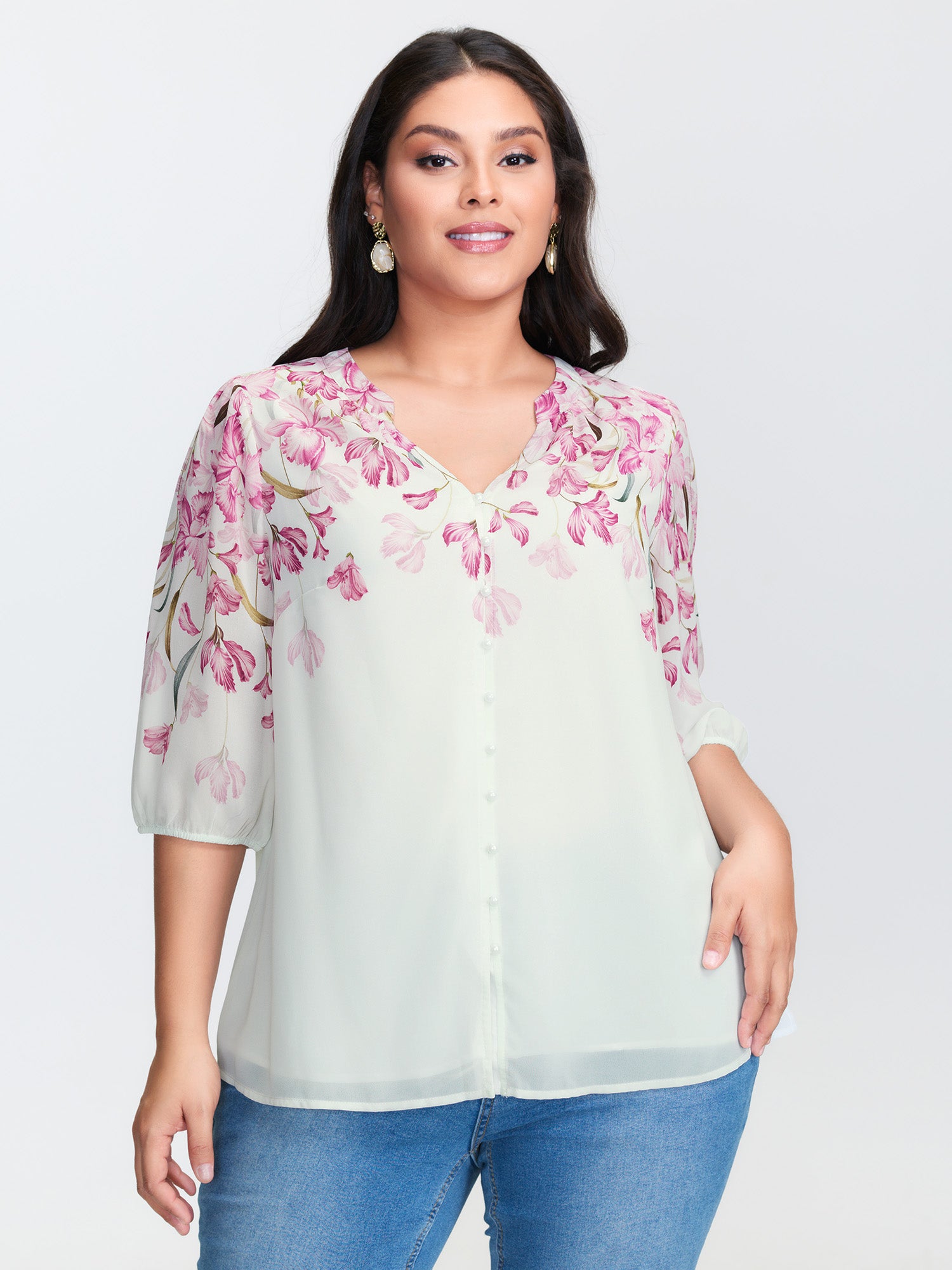 Floral Print Layered Notched Collar Blouse