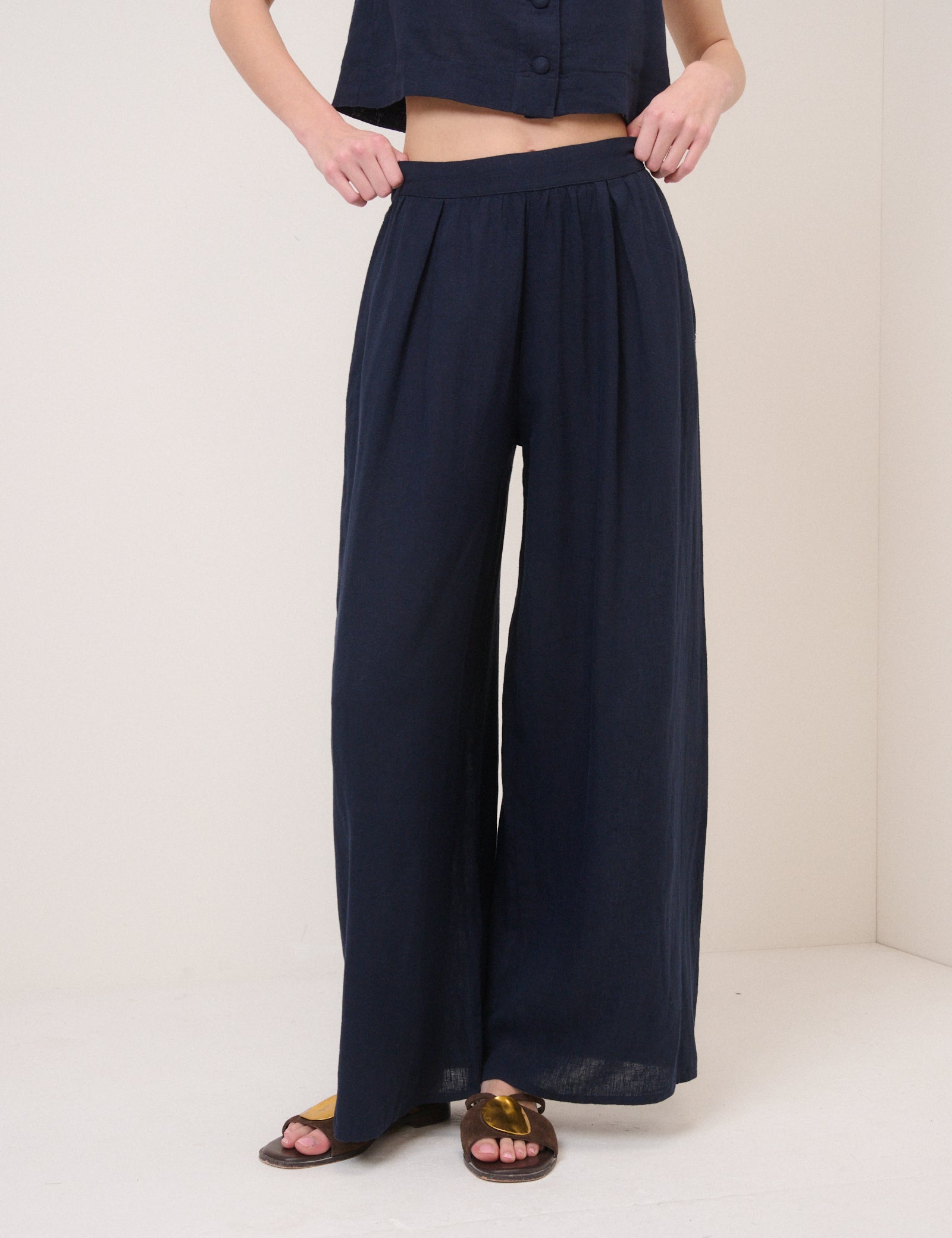 Navy Linen-Rich Wide Leg Jerrow Trousers