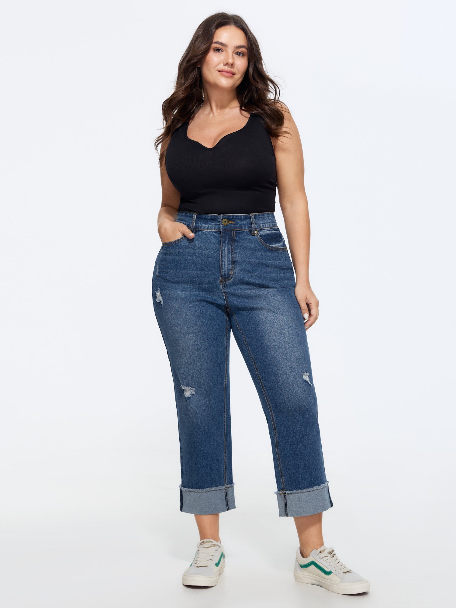 Stretchy Folded Hem Straight-Leg Jeans
