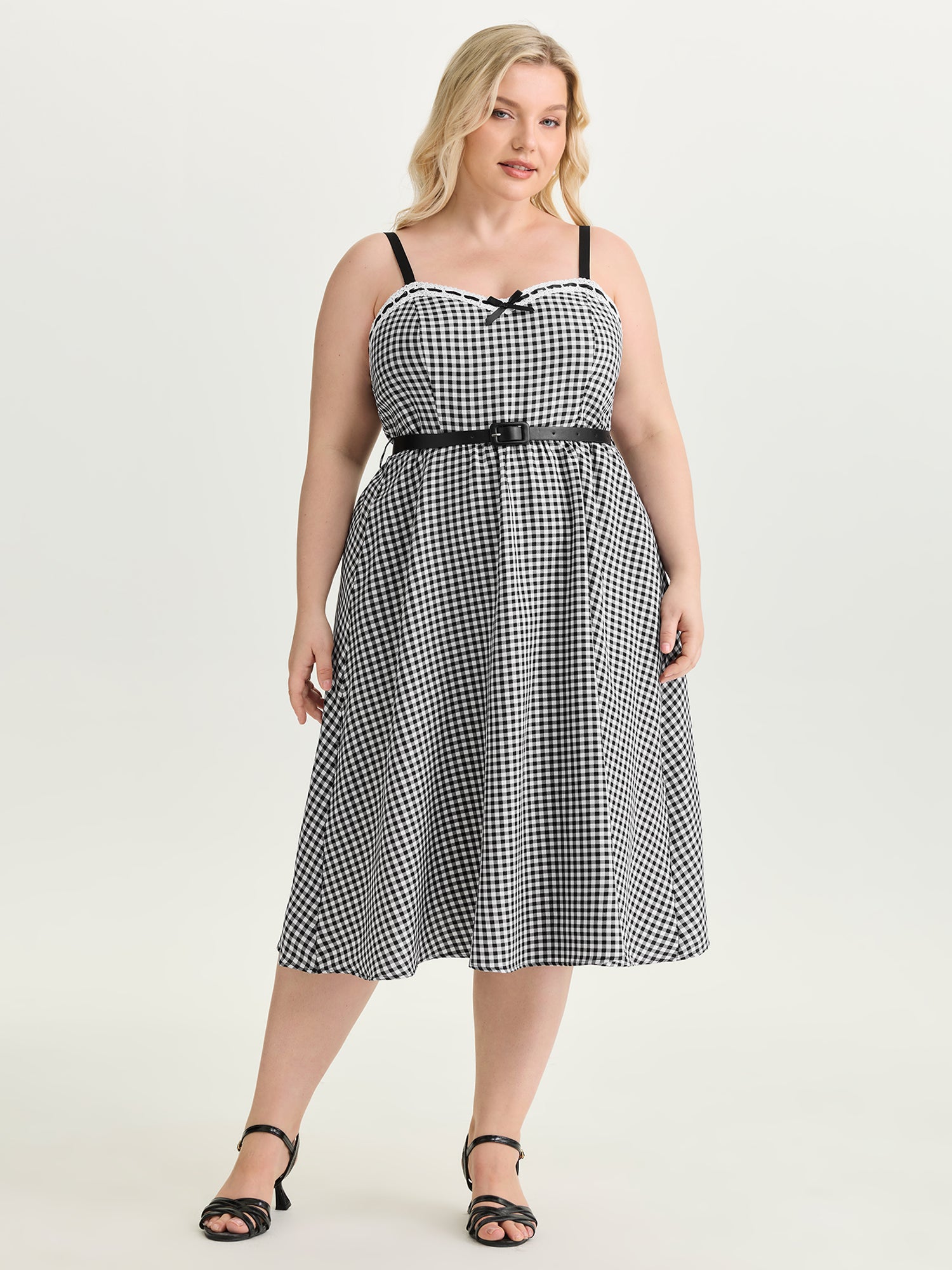 Check Print Lace Trim Bow Detail Midi Dress