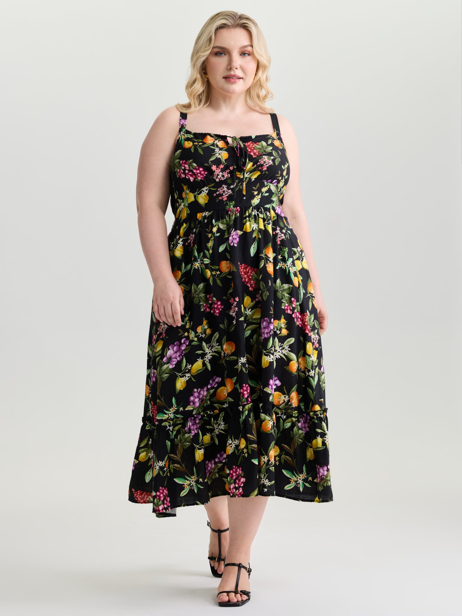 Fruit Print Bust-Friendly Drawstring Midi Dress