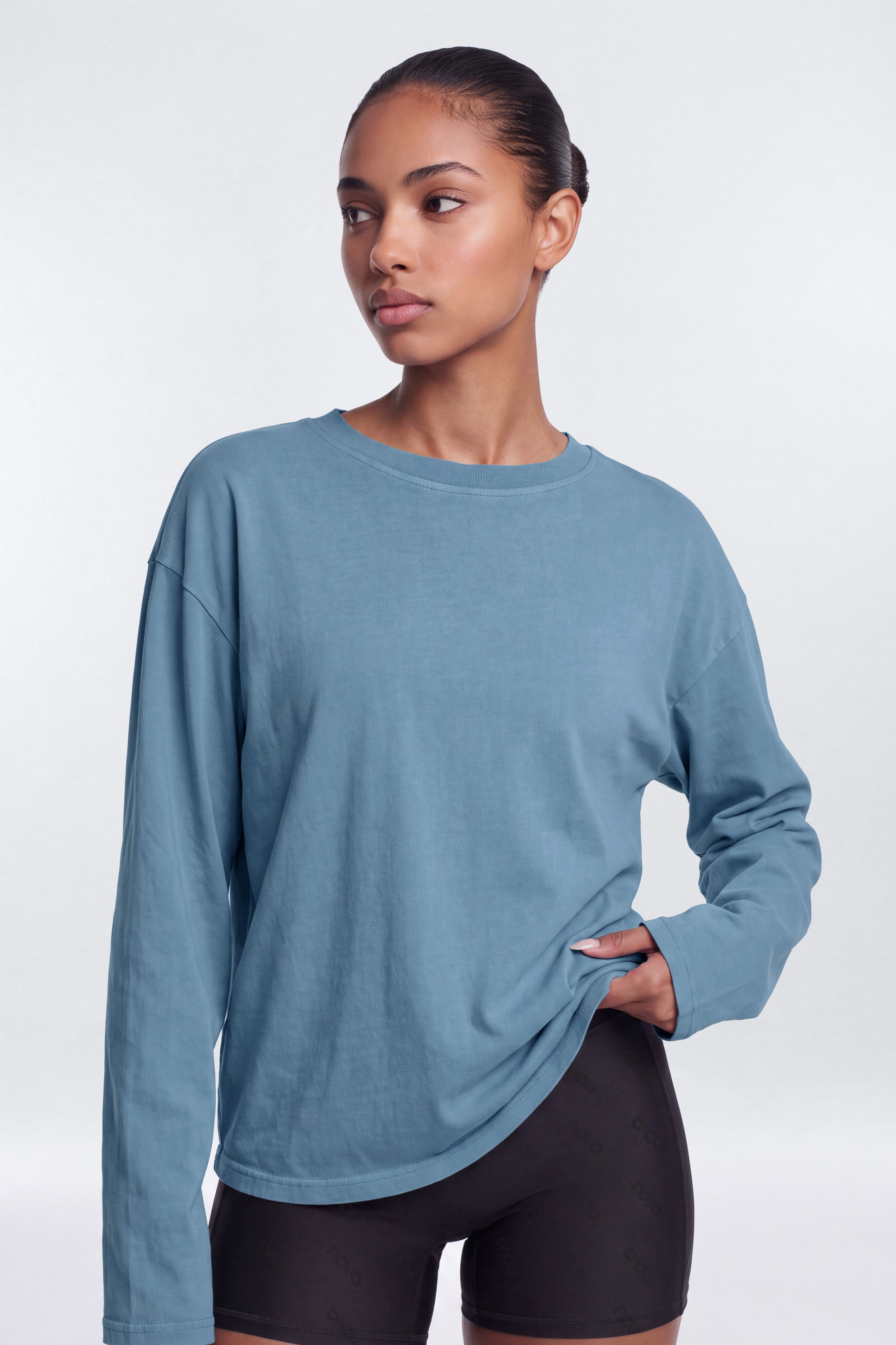 Cotton Jersey Oversized Long Sleeve Top - Soft Indigo
