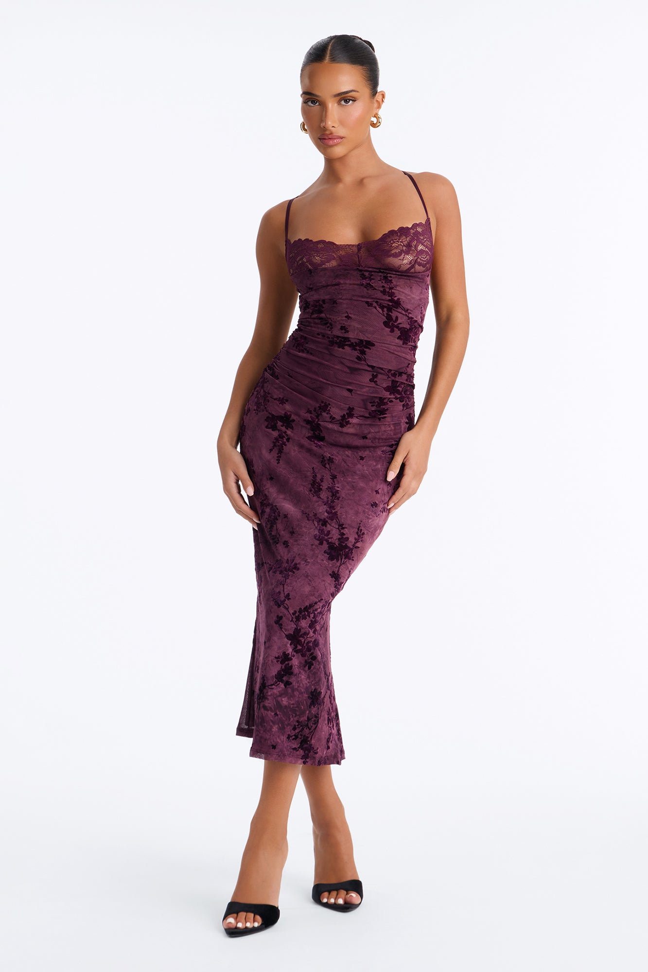 Romantic Call Floral Flocked Midi Dress - Plum