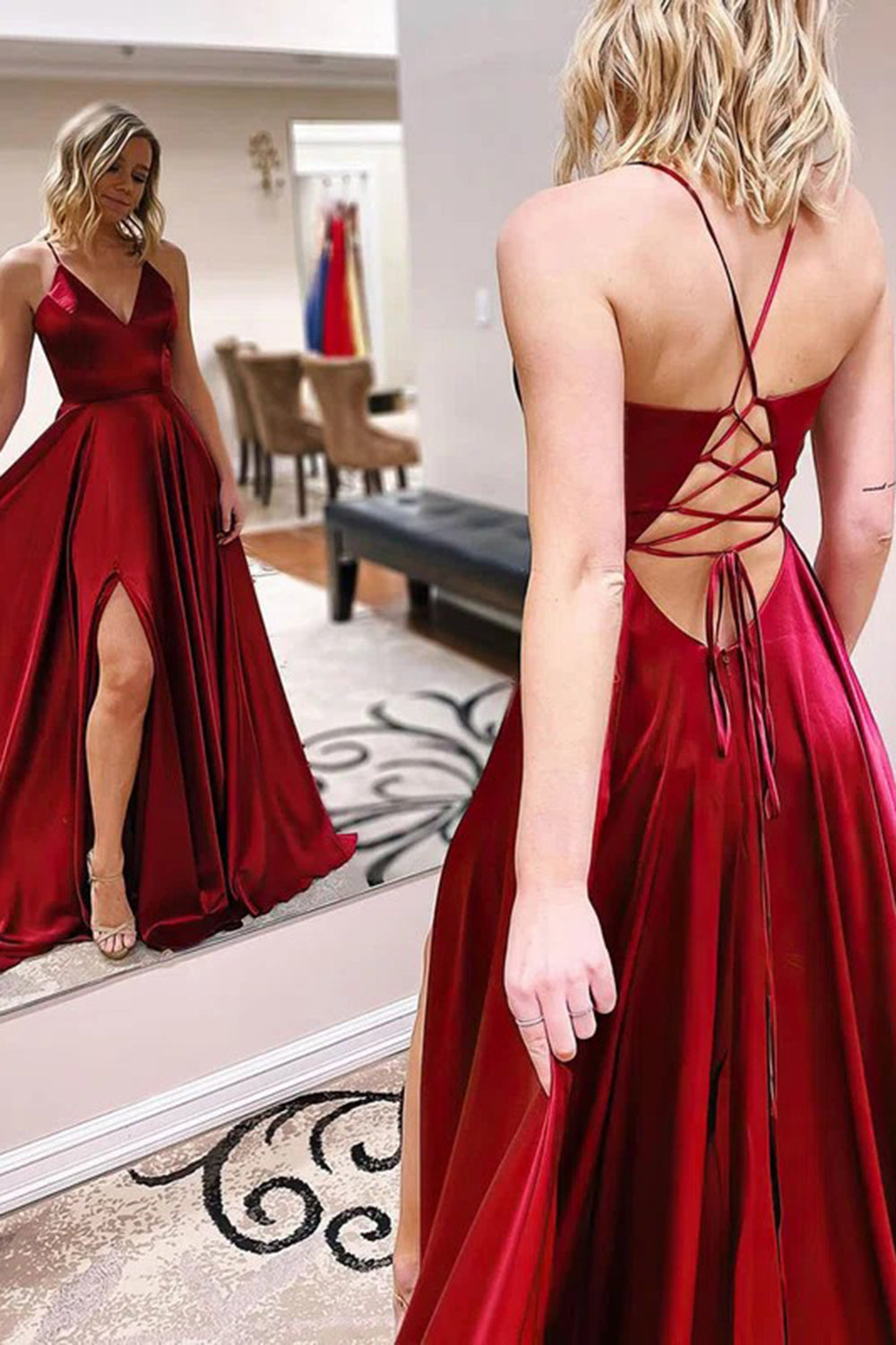 Burgundy Long Prom Dress with Simple A-Line Cut and Criss Cross Spaghetti Straps