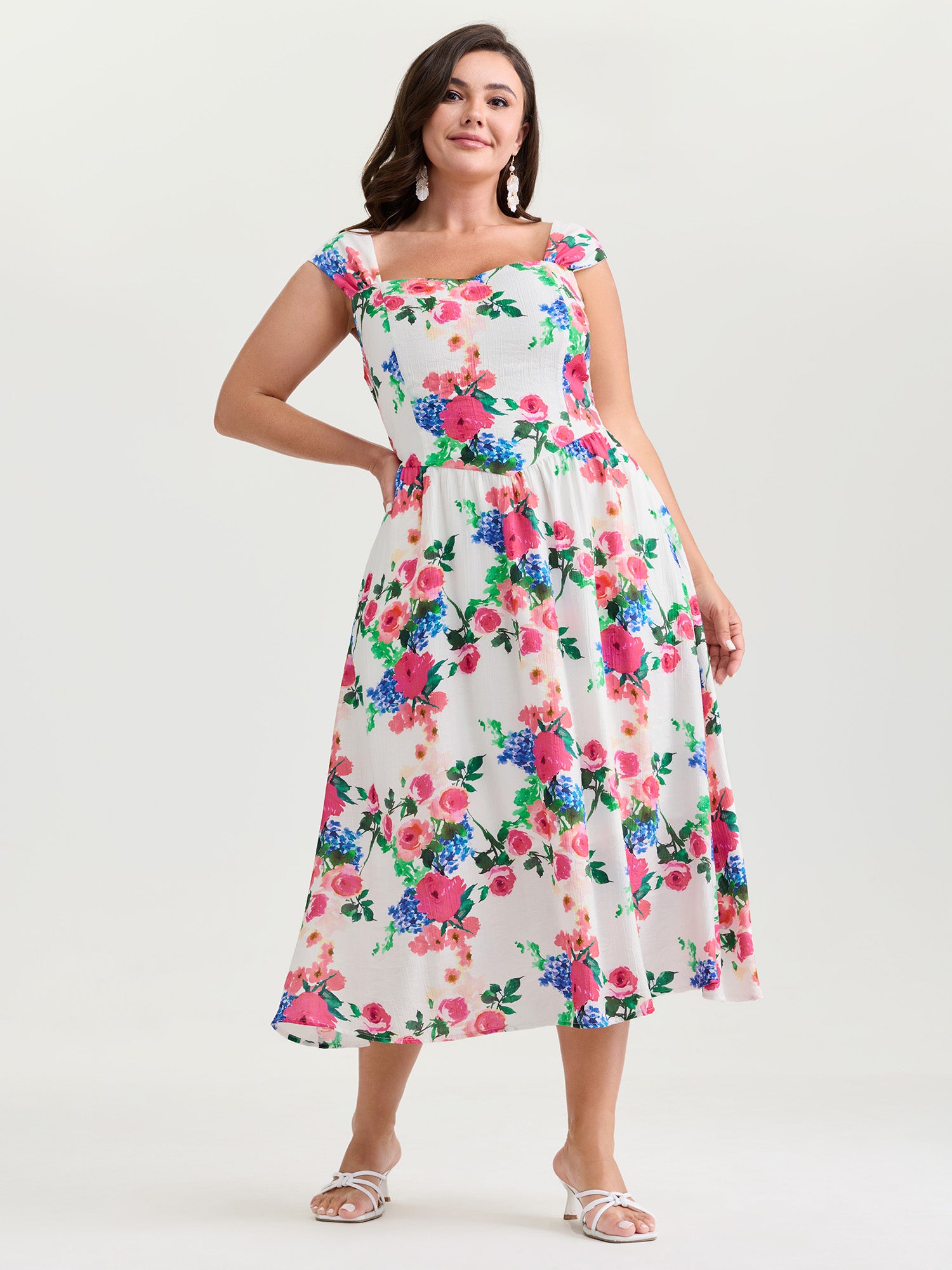 Sweet Floral Print Pockets Shirred Midi Dress