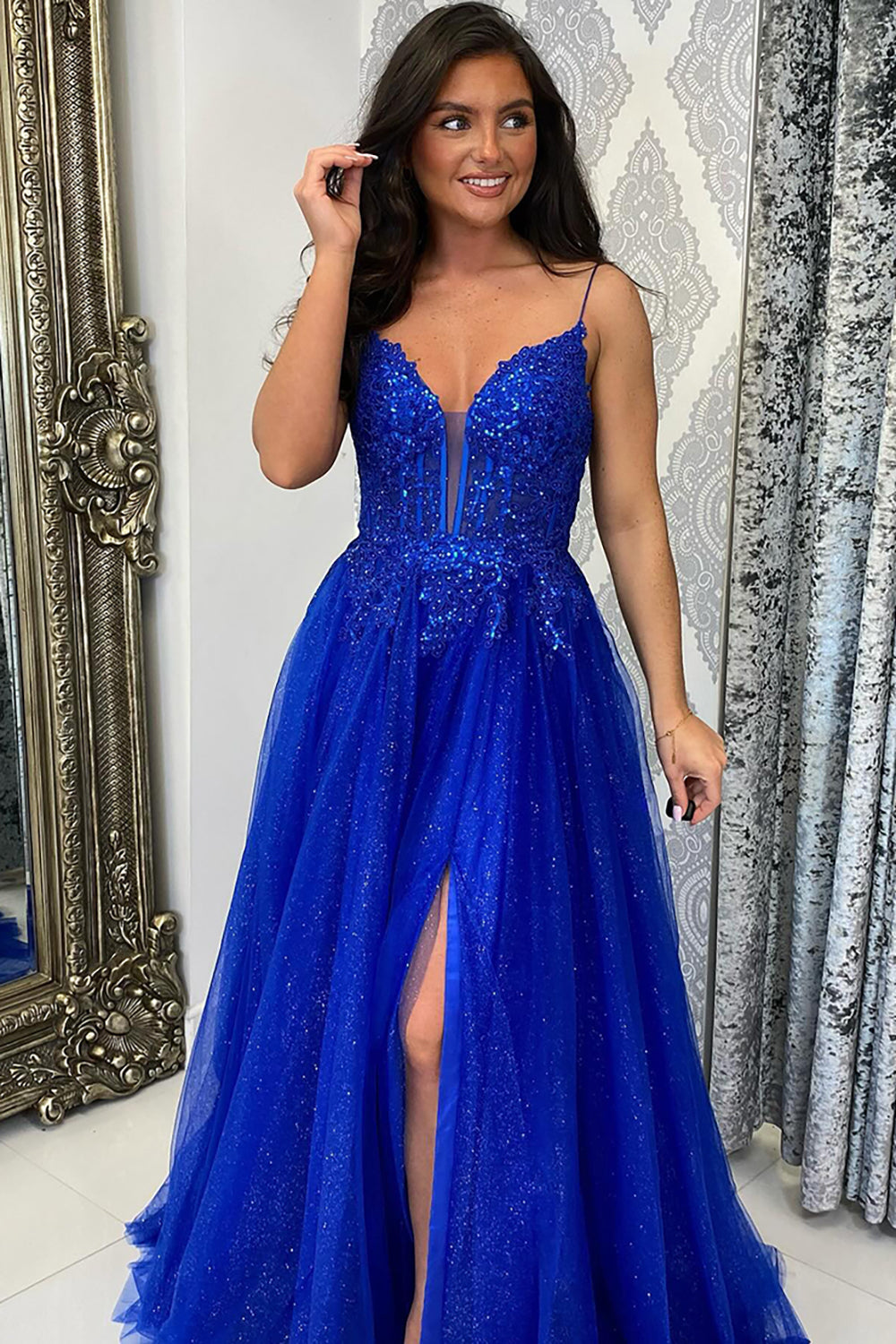 Long Corset Prom Dress with Royal Blue Spaghetti Straps and A-Line Tulle Sequins