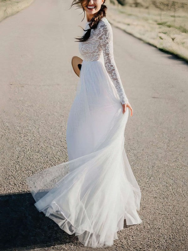 Glamorous A-Line Long Sleeves Backless Lace Tulle Floor-Length Wedding Dresses
