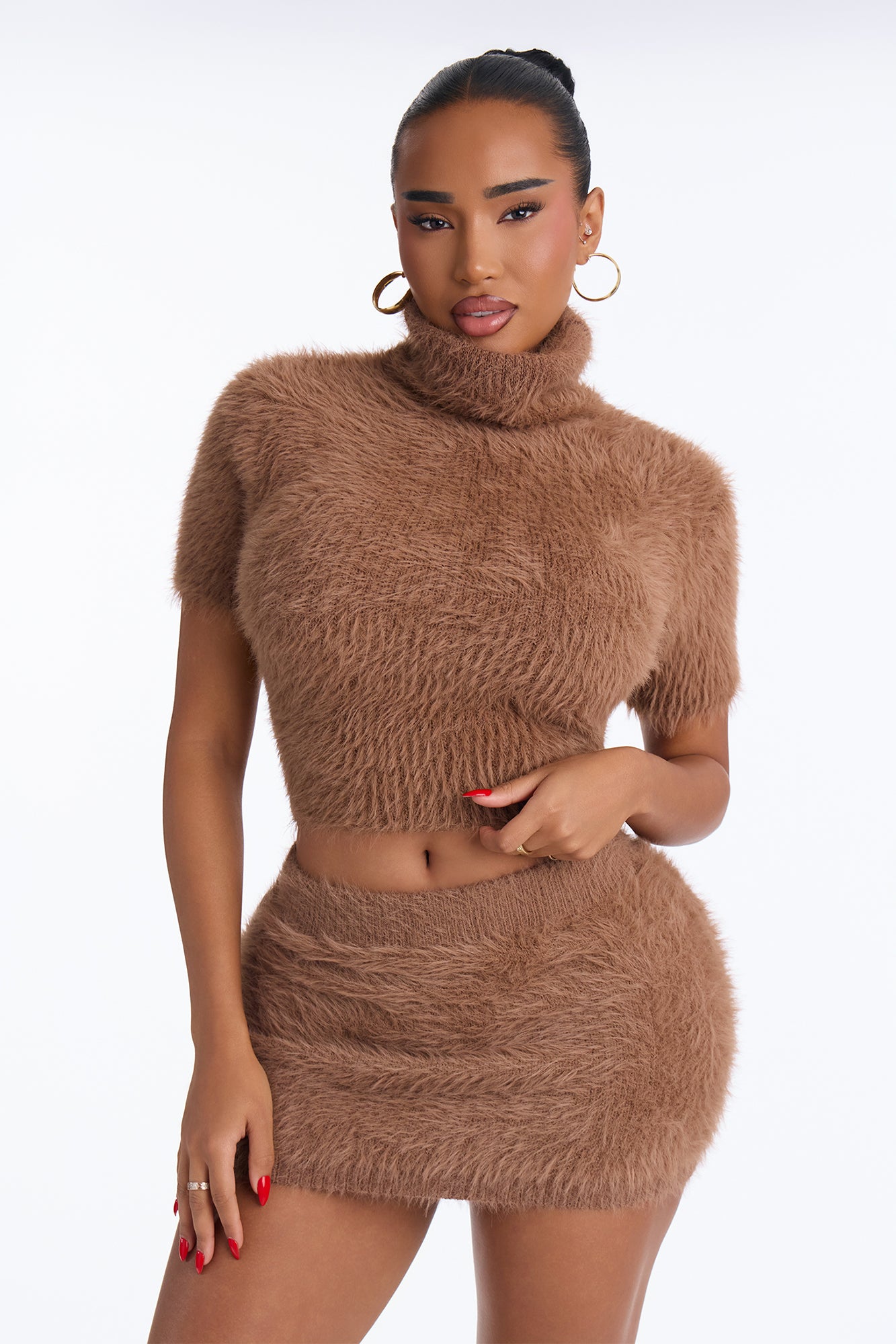 Patsy Short Sleeve Fuzzy Pullover Sweater - Mocha