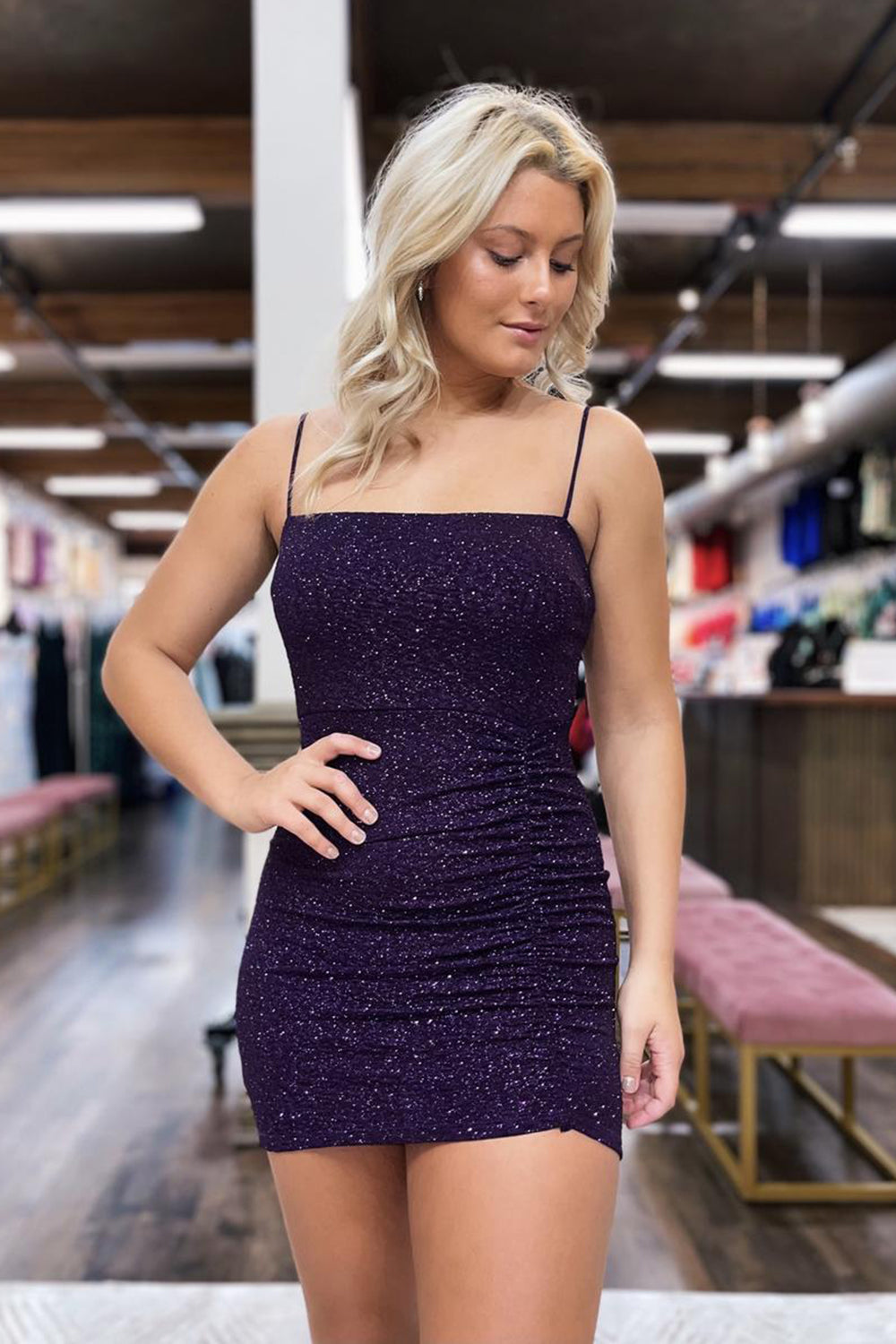 Glitter Dark Purple Sequins Spaghetti Straps Tight Short Homecoming Dress/Mini Dress