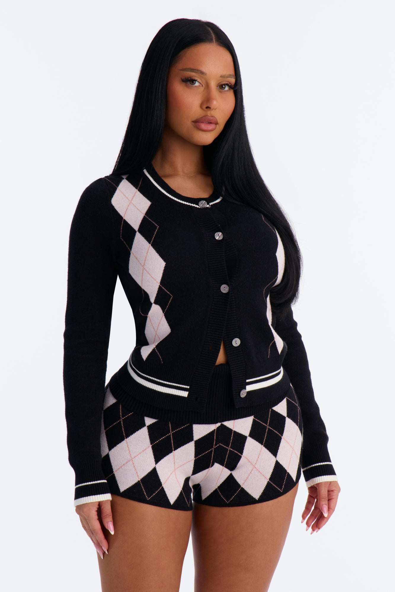 Jasmin Argyle Sweater Short Set - Black/combo