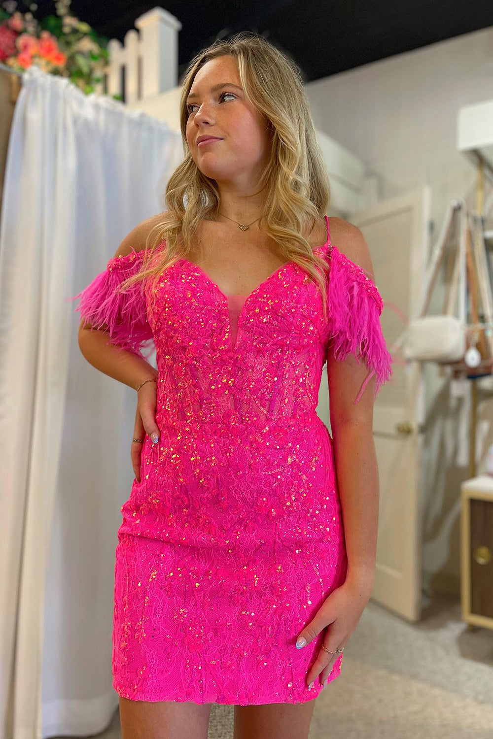 Sparkly Fuchsia Sequin Lace Tight Short Homecoming Dress/Mini Dress with Feathers
