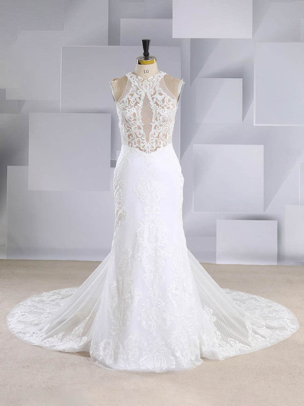 Sexy Backless Mermaid Sleeveless Tulle Court Train Wedding Dresses with Appliques