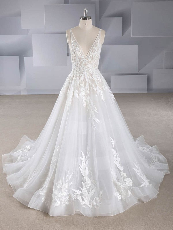 Sexy Deep V-Neck Backless Tulle Court Train Wedding Dresses