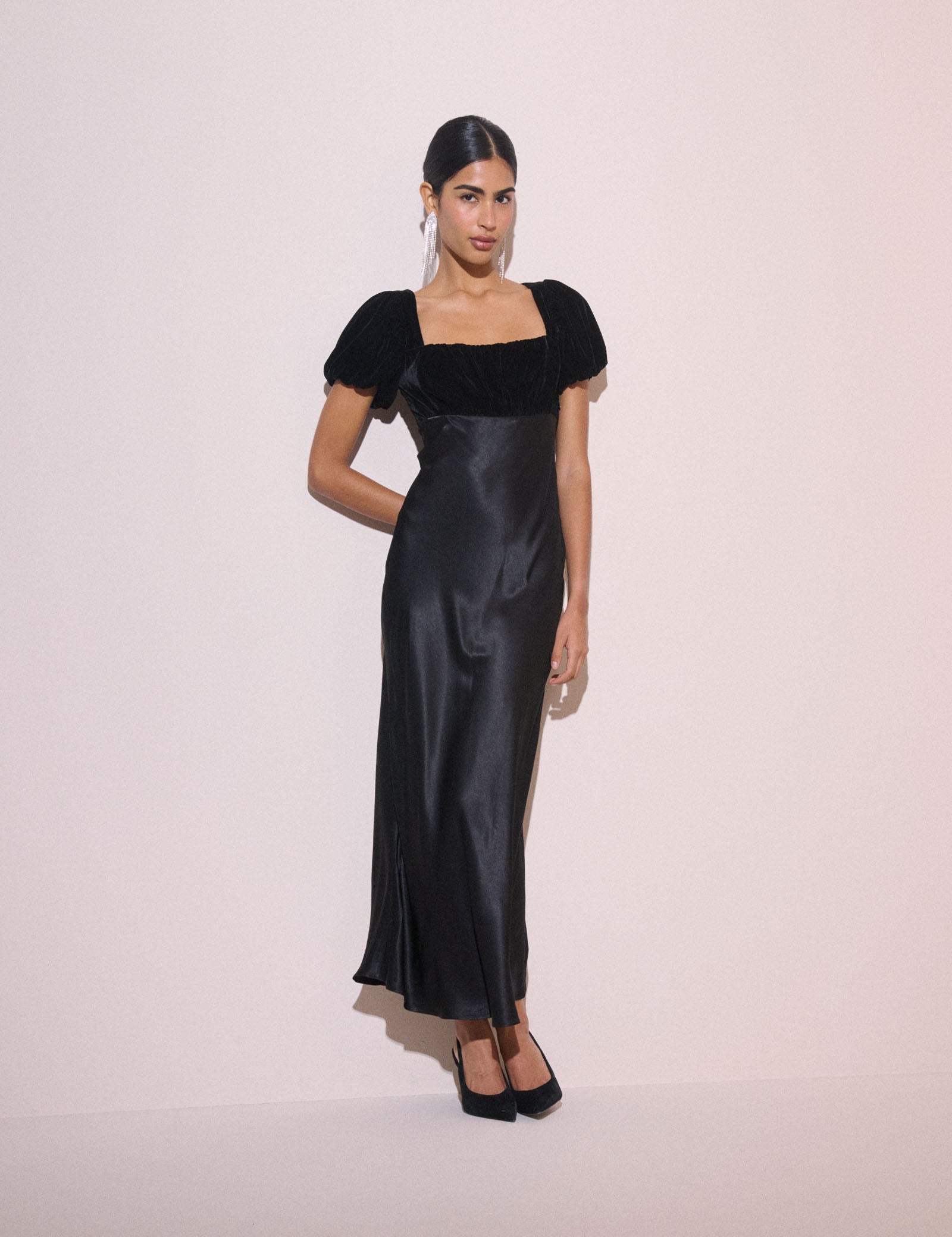 Black Satin Puff Sleeve Elizabeth Midi Dress