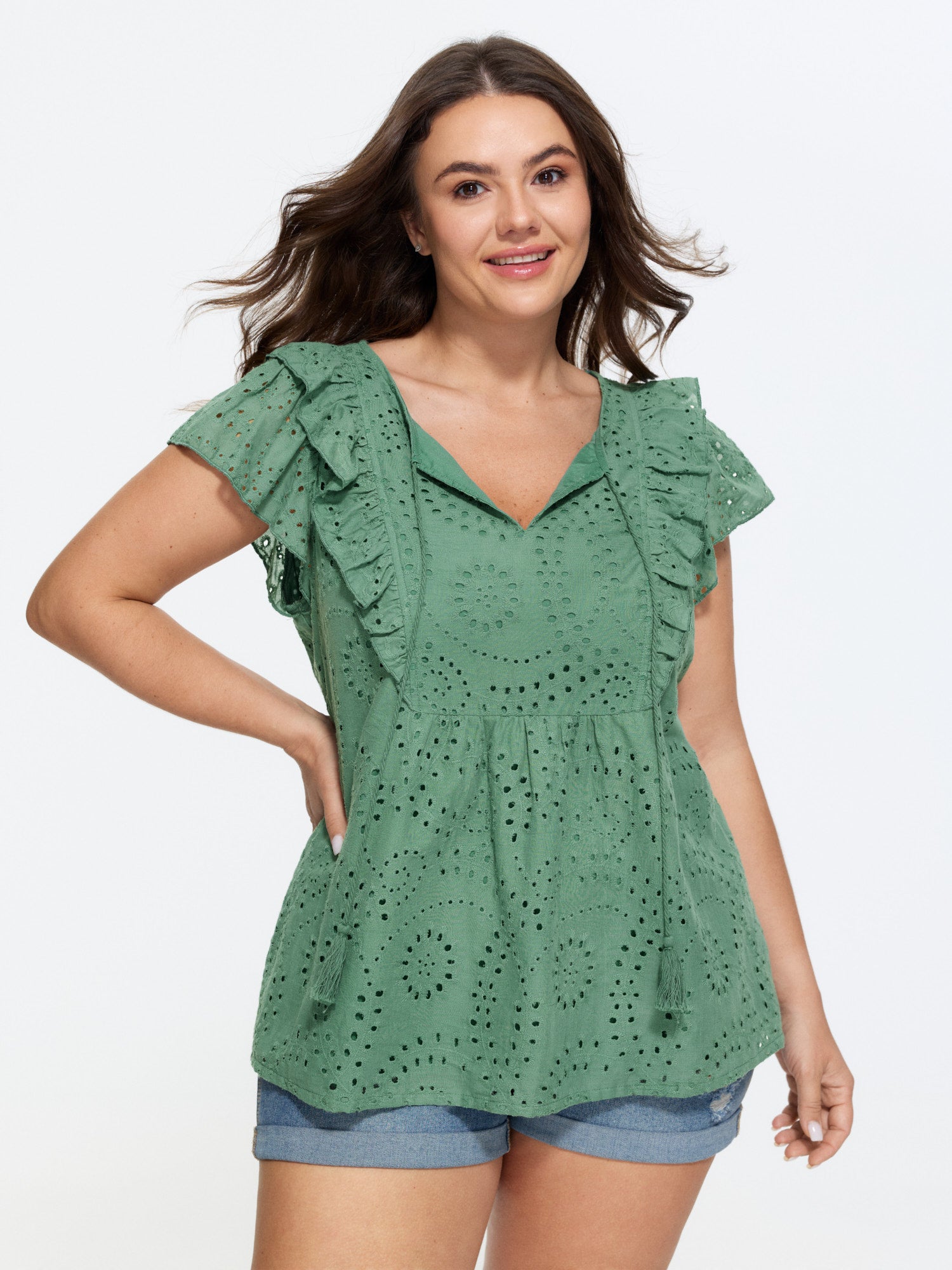 Cotton Eyelet Textured Ruffled Detail Blouse