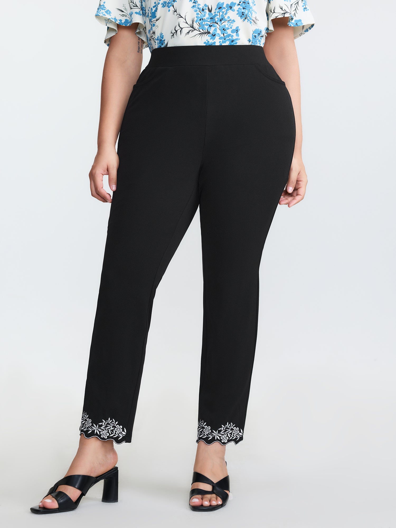 Embroidered Hem Pull-On Pants