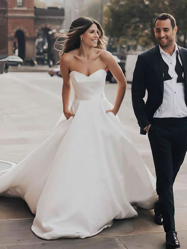 Charming Sweetheart Strapless Satin Cathedral Train Ball Gown Wedding Dresses