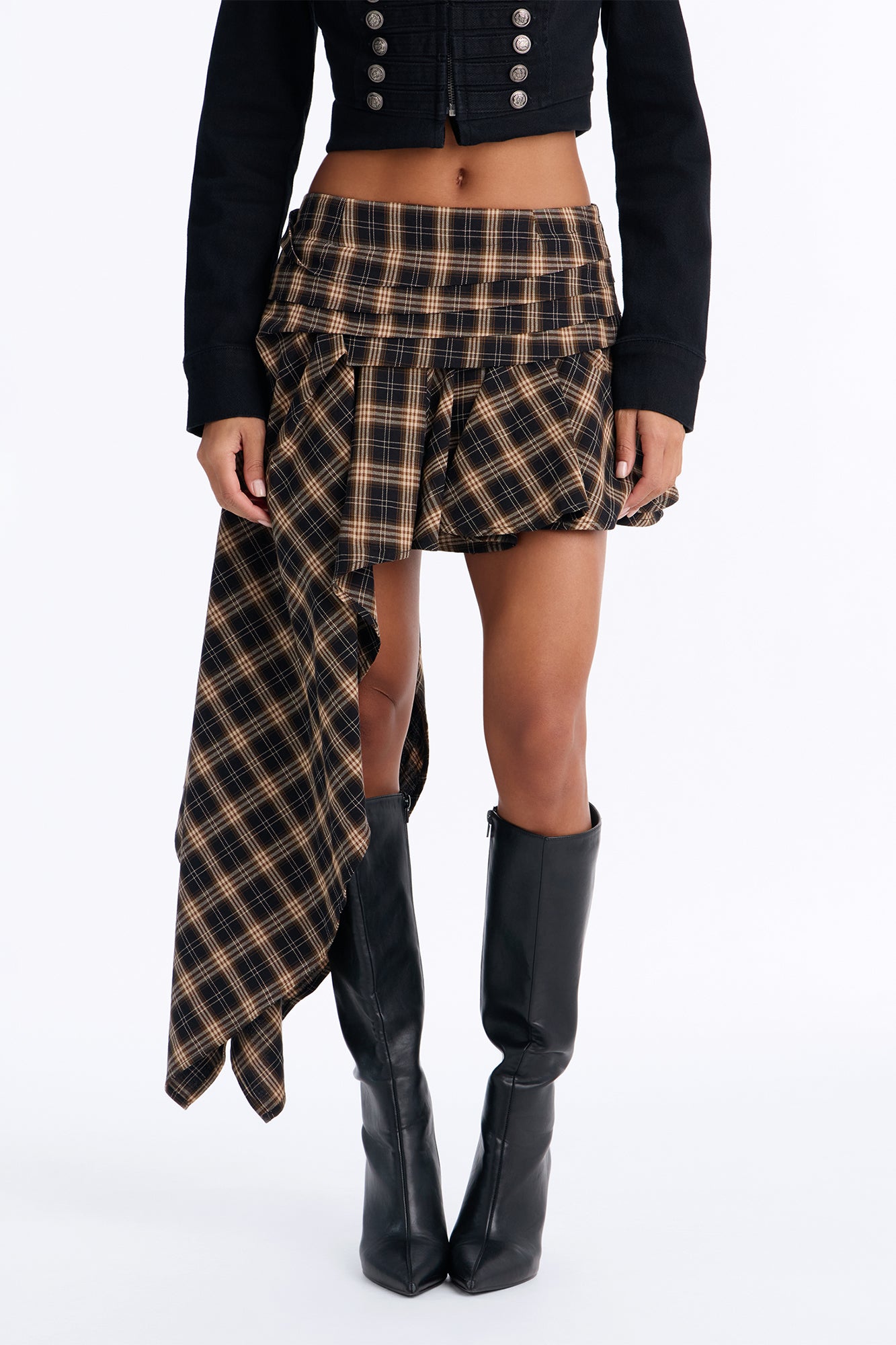 Sydnee Plaid Asymmetrical Midi Skirt - Brown/combo