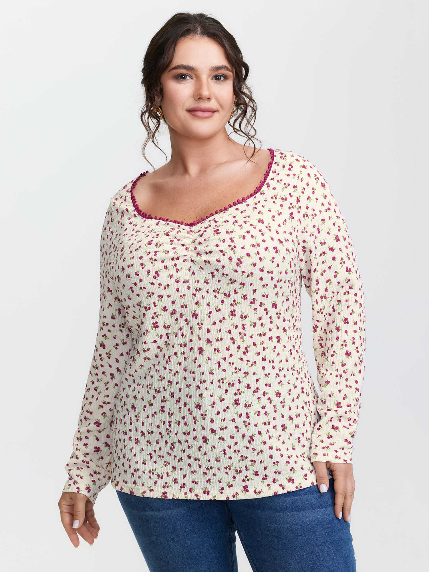 Cherry Print Pleated Stretchy T-Shirt