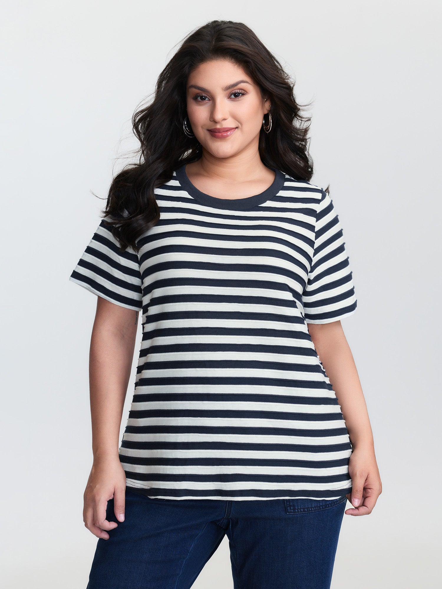 Cotton Striped Print Ribbed Round Neck T-Shirt