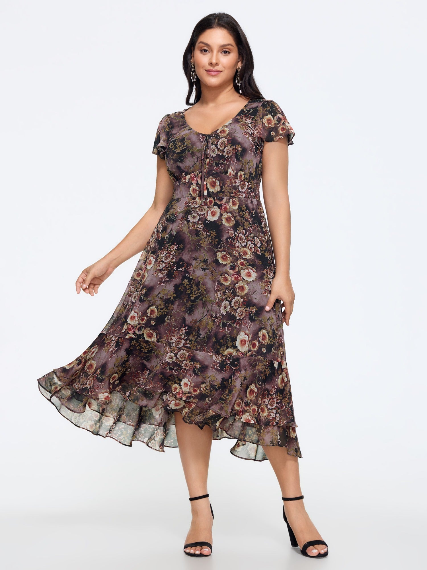 Floral Print High‑Low Hem Chiffon Midi Dress