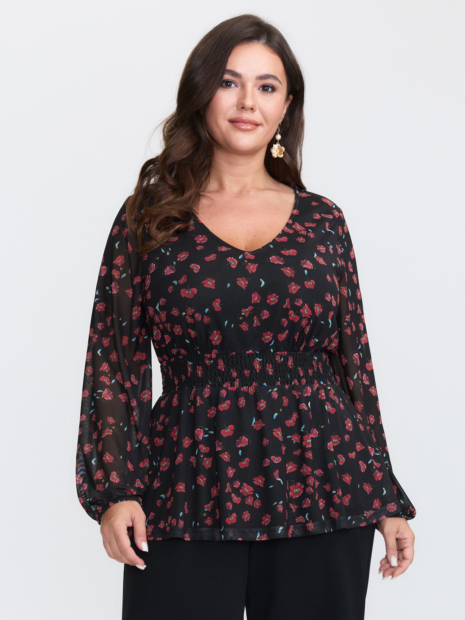 Floral Print Mesh Cinched-Waist Blouse