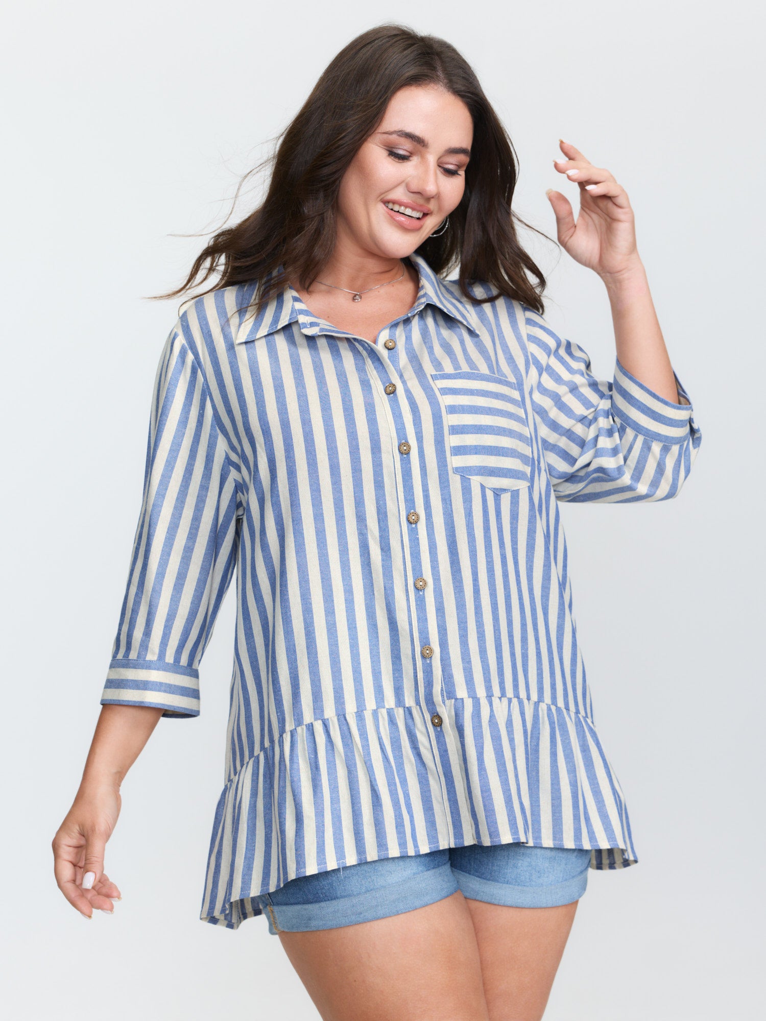 Cotton Striped Ruffled Hem Button-Down Top