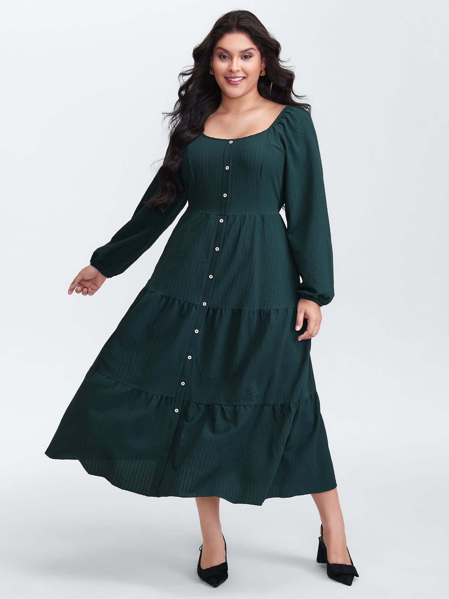 Textured Pockets Button Detail Tiered Maxi Dress