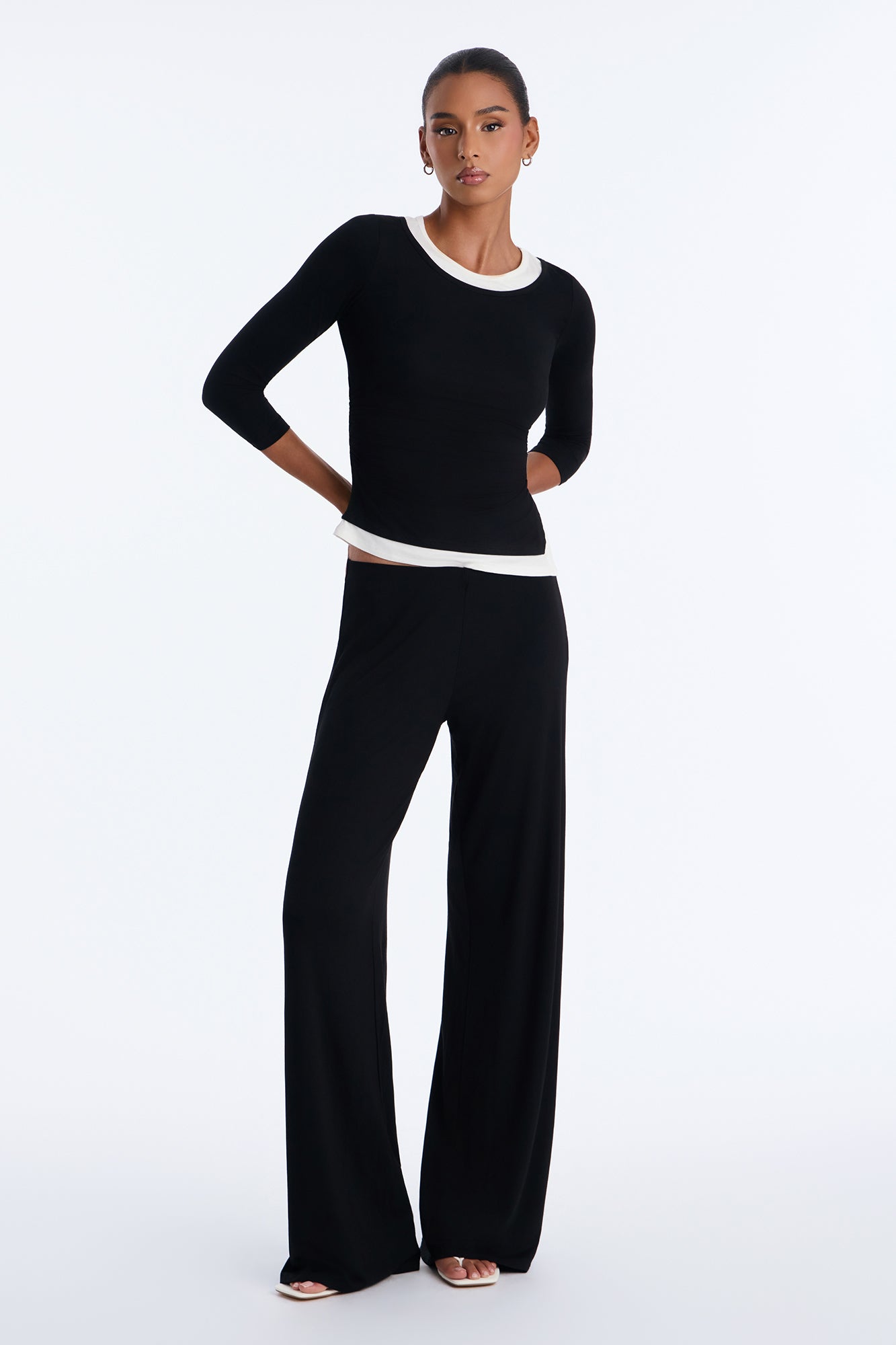 Helen 3/4 Sleeve Layered Pant Set - Black