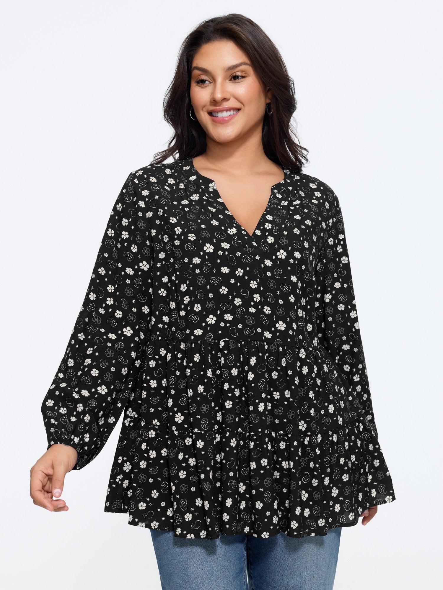 Floral Print Tiered Ruffle Hem Loose Blouse