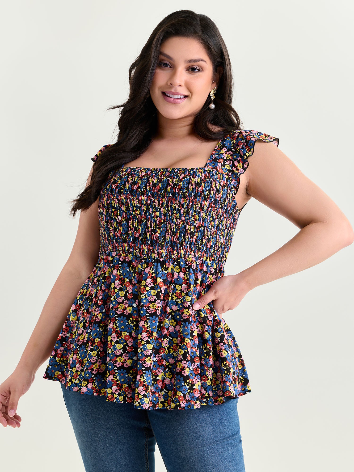 Floral Print Shirred Wide Straps Blouse