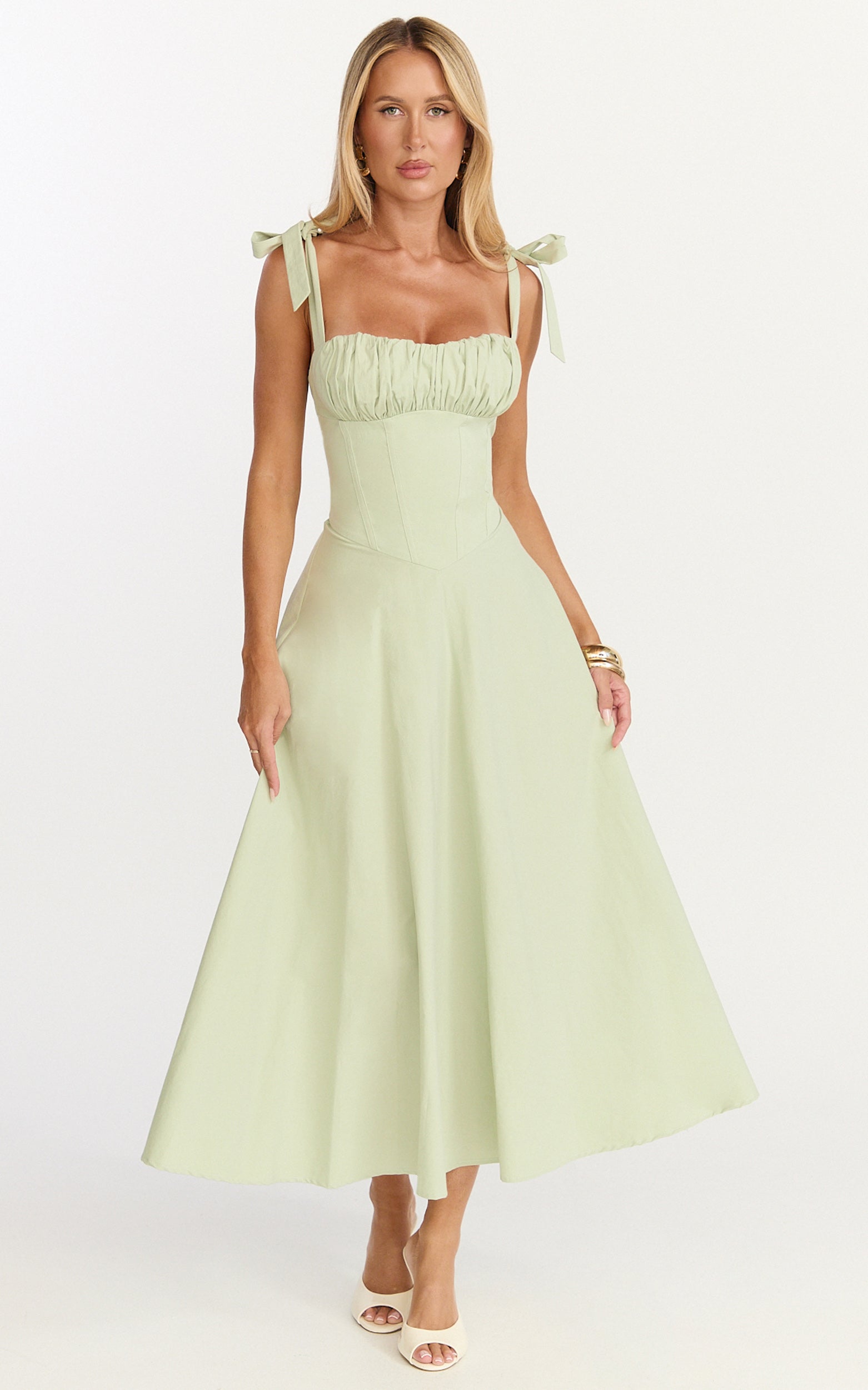 Vionette Midi Dress - Tie Shoulder Ruched Bust Corset Dress in Sage