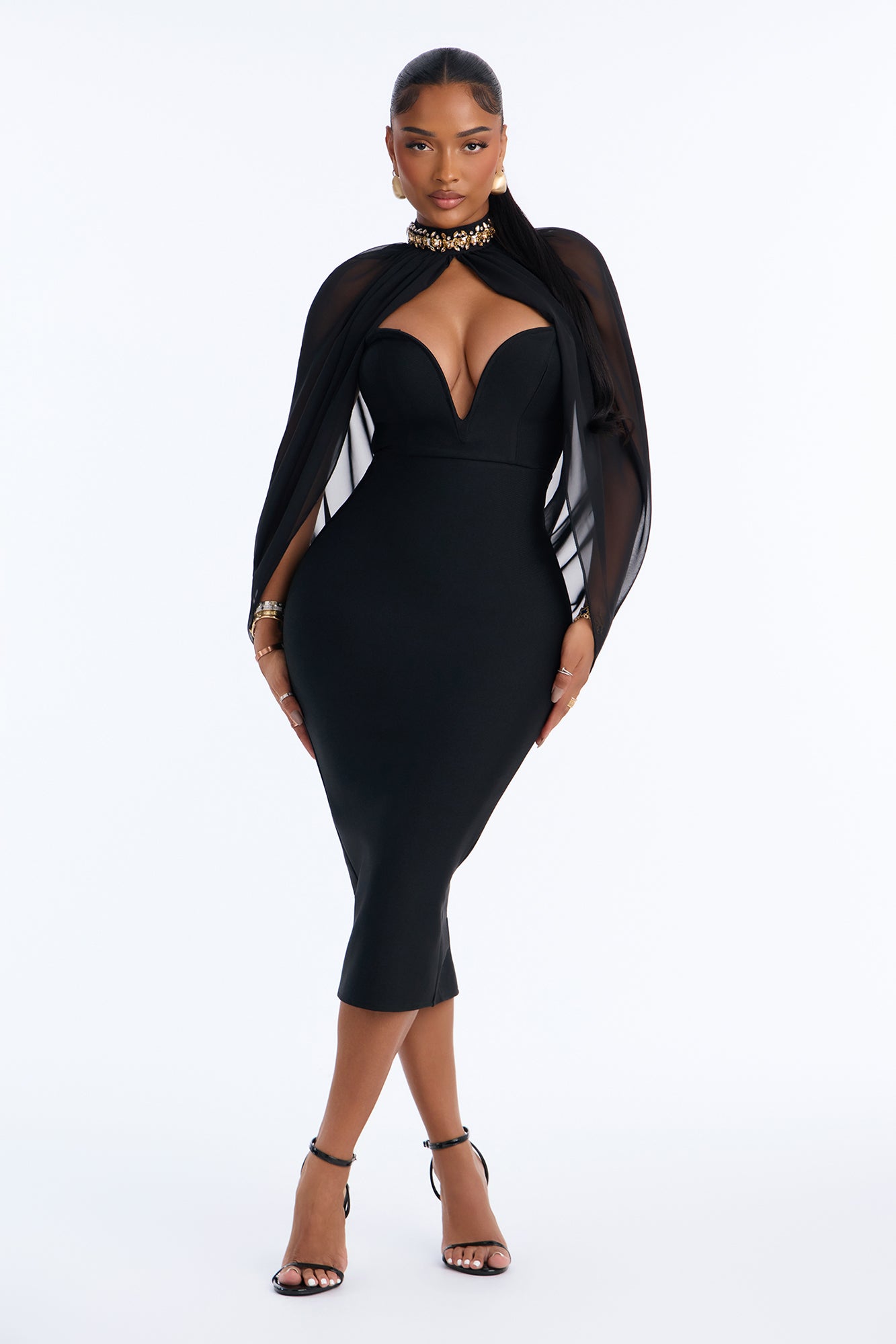 Her Day To Reign Embellished Cape Bandage Midi Dress - Black
