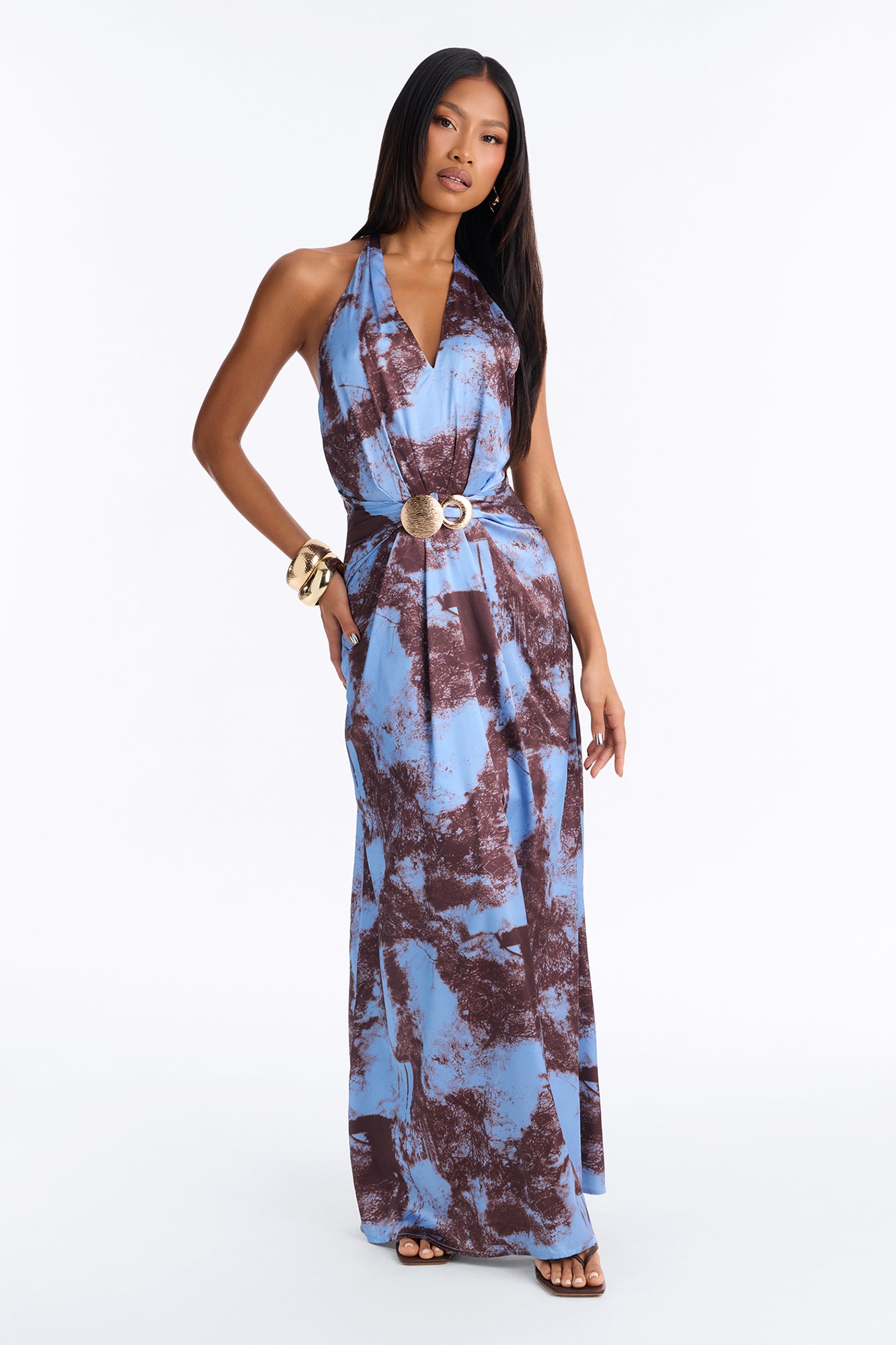 Eyes Everywhere Satin Maxi Dress - Brown/combo
